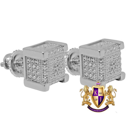 Real Genuine Diamond Small Square Cube Earrings Stud 10K White Gold Tone Unisex