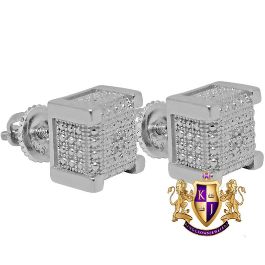 Real Genuine Diamond Small Square Cube Earrings Stud 10K White Gold Tone Unisex
