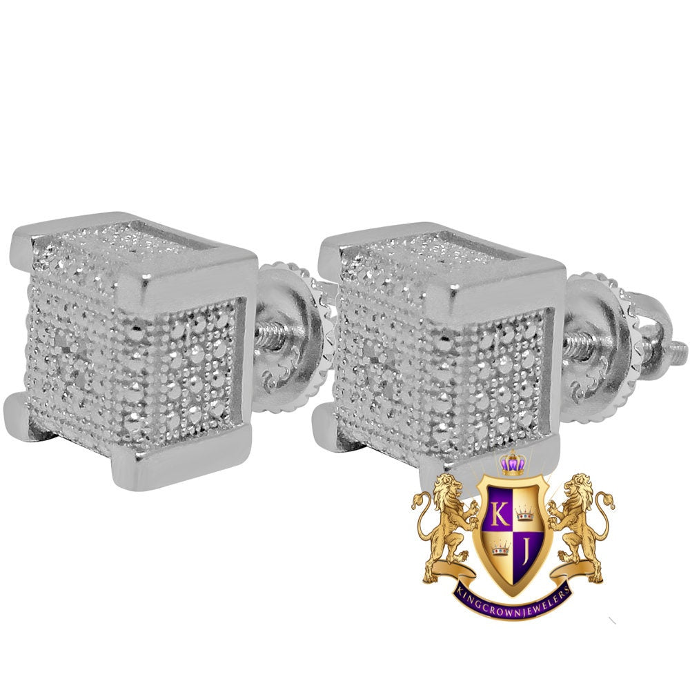 Real Genuine Diamond Small Square Cube Earrings Stud 10K White Gold Tone Unisex