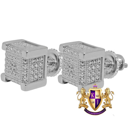 Real Genuine Diamond Small Square Cube Earrings Stud 10K White Gold Tone Unisex