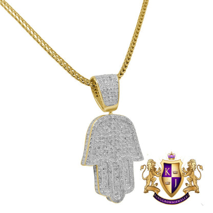 Real Genuine Authentic Diamond 1.38 Cwt Hamsa Hand Religious Pendant 10K Gold Finish 3D Look Unisex Charm Chain Neckless Set Small 1.35''