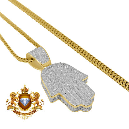 Real Genuine Authentic Diamond 1.38 Cwt Hamsa Hand Religious Pendant 10K Gold Finish 3D Look Unisex Charm Chain Neckless Set Small 1.35''