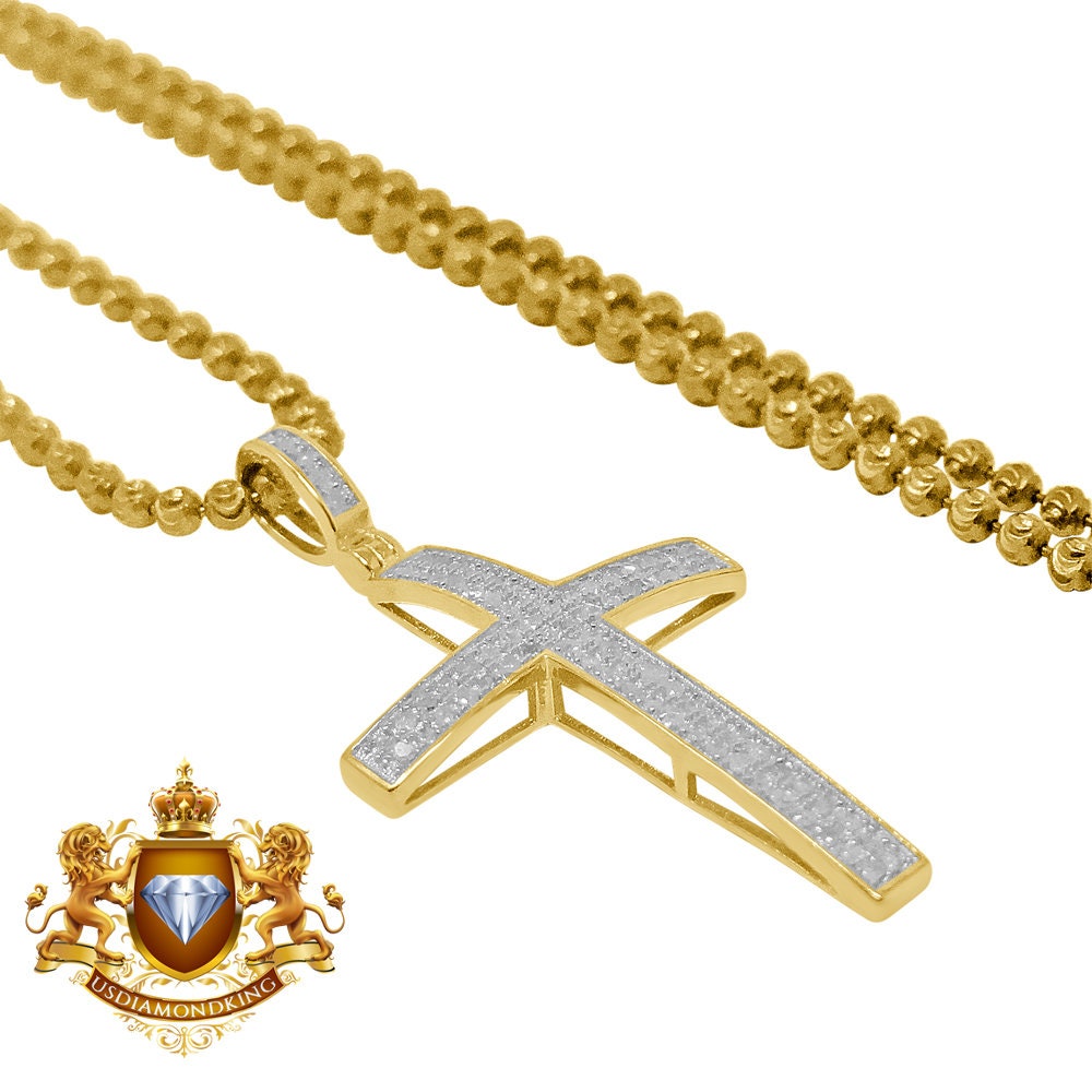 Real Genuine Diamond 0.30 Cwt Jesus Cross Pendant 10K Gold Finish Mini Charm 1.25'' + Chain