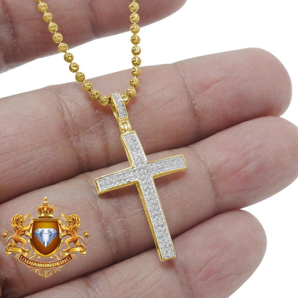 Real Genuine Diamond 0.30 Cwt Jesus Cross Pendant 10K Gold Finish Mini Charm 1.25'' + Chain