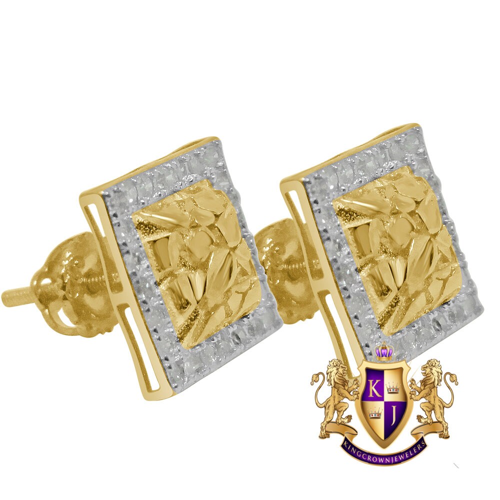Real Genuine Diamond 0.44 Cwt. Nugget Style Small Square 9mm Earrings Stud 10K Gold Finish Unisex