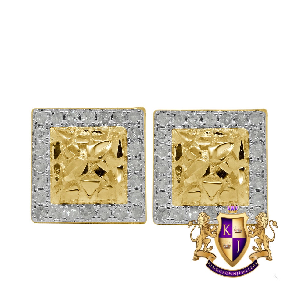 Real Genuine Diamond 0.44 Cwt. Nugget Style Small Square 9mm Earrings Stud 10K Gold Finish Unisex