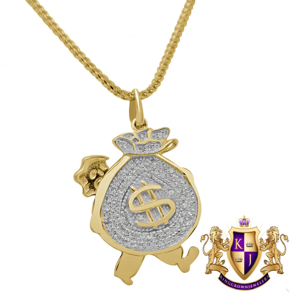10k Real Yellow Gold Genuine Diamond Walking Money Bag Dollar Sign Mini Pendent Charm 1.25''