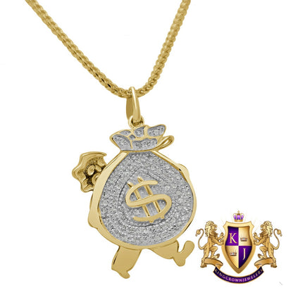 10k Real Yellow Gold Genuine Diamond Walking Money Bag Dollar Sign Mini Pendent Charm 1.25''