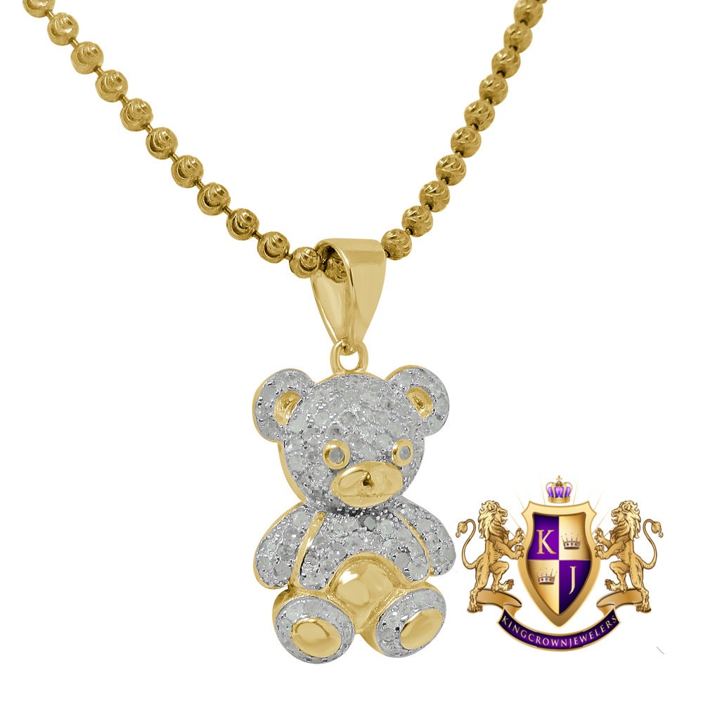 Real Genuine Diamond 0.45 Cwt.10K Gold Finish Teddy Bear Love Mini Pendant Charm + Chain