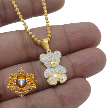 Real Genuine Diamond 0.45 Cwt.10K Gold Finish Teddy Bear Love Mini Pendant Charm + Chain