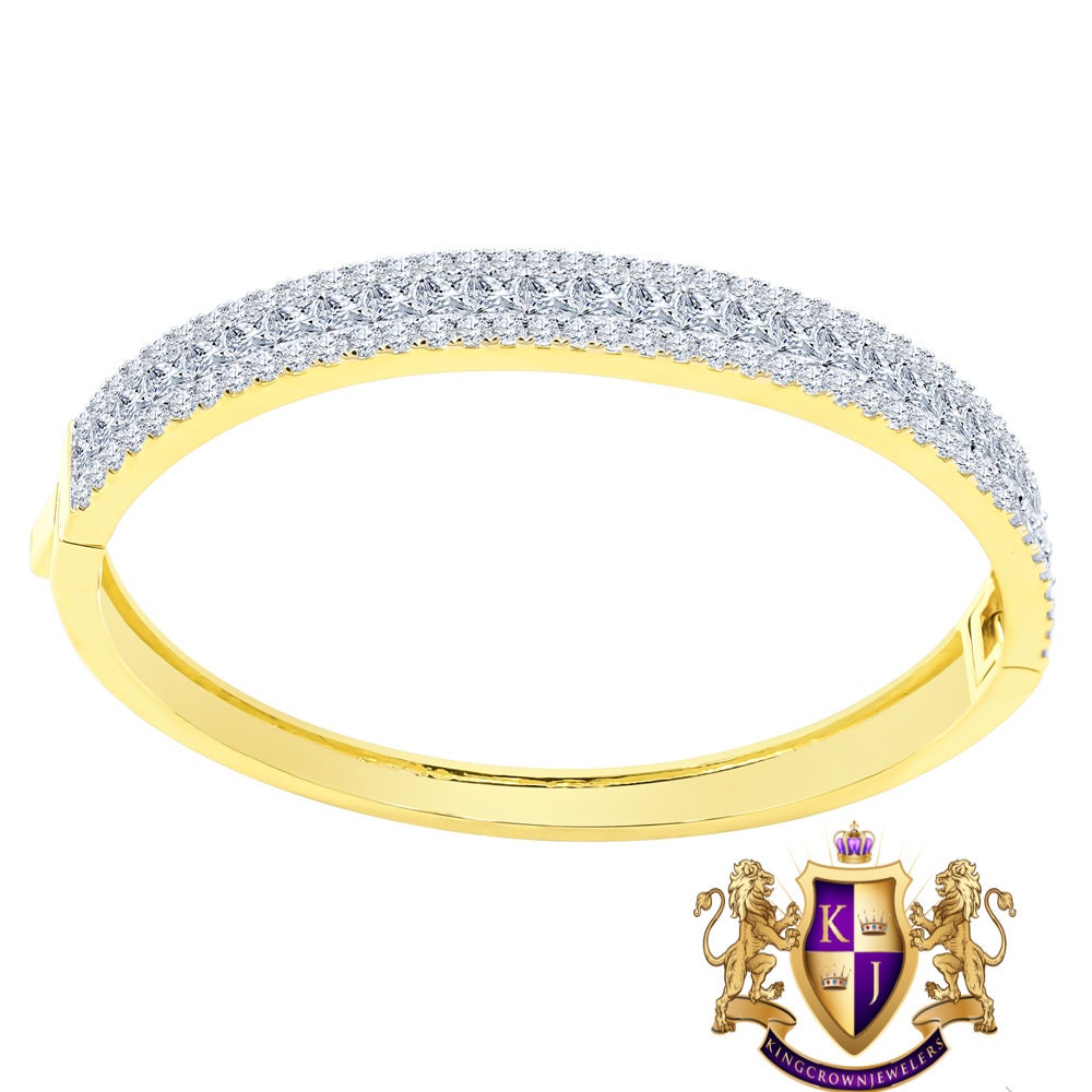 6.75CT Princess & Round Cut Diamond Real Genuine Sterling Silver Luxury Bangle Bracelet 14K Yellow Gold Over