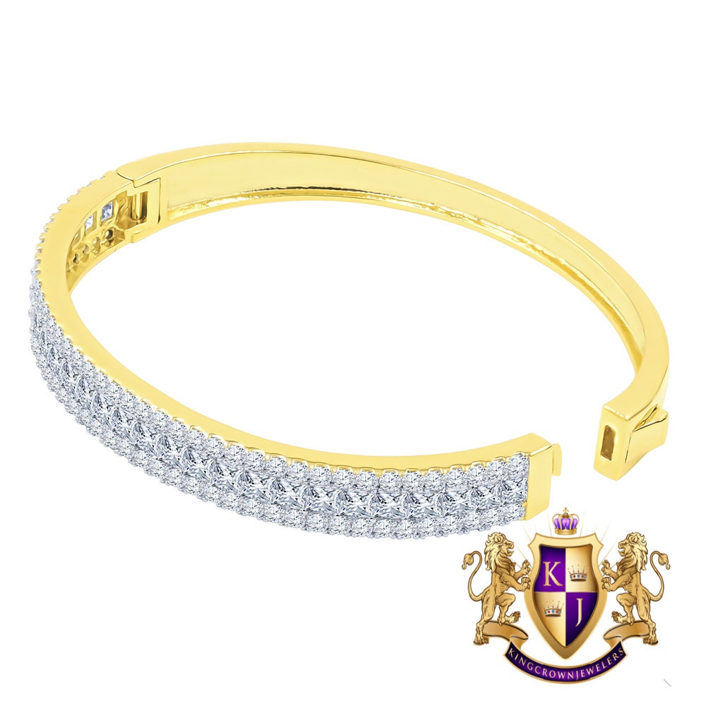 6.75CT Princess & Round Cut Diamond Real Genuine Sterling Silver Luxury Bangle Bracelet 14K Yellow Gold Over