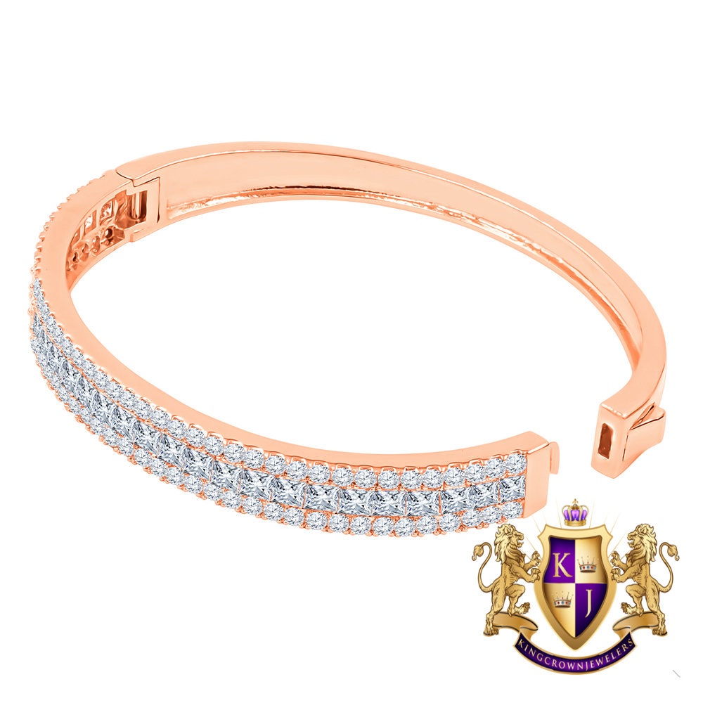 6.75CT Princess & Round Cut Diamond Real Genuine Sterling Silver Luxury Bangle Bracelet 14K Rose Gold Over