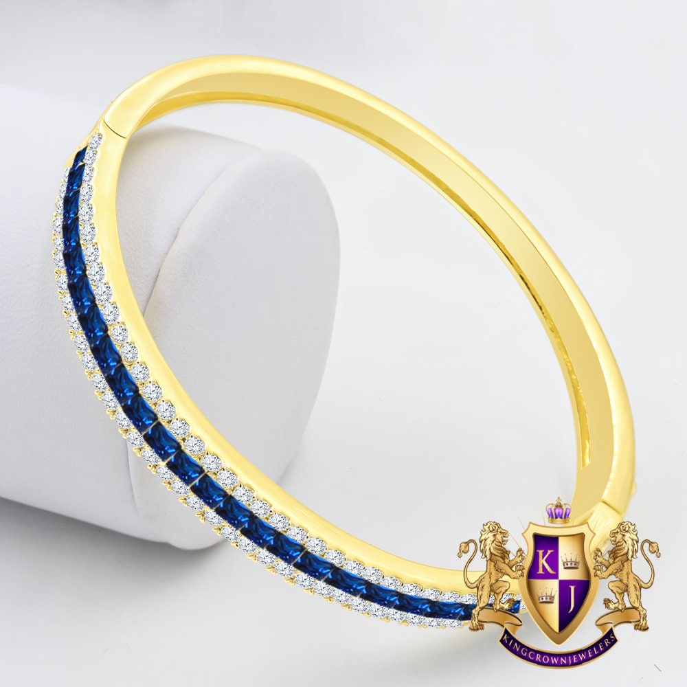 Sapphire Blue 6.75CT Princess & Round Cut Diamond Real Genuine Sterling Silver Luxury Bangle Bracelet 14K Yellow Gold Over