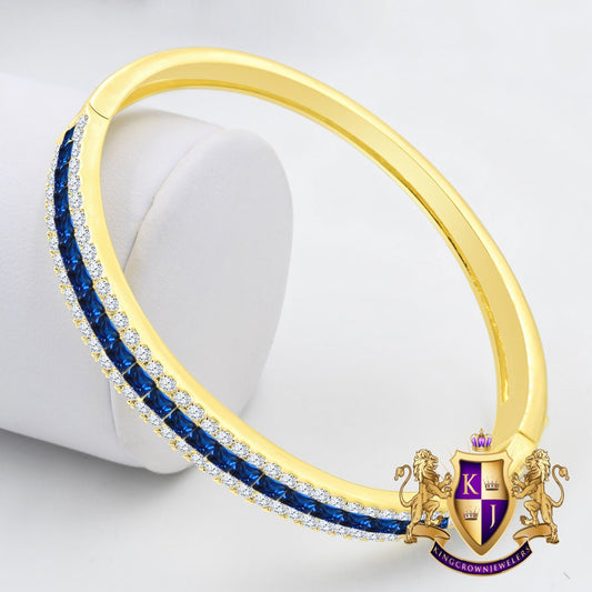 Sapphire Blue 6.75CT Princess & Round Cut Diamond Real Genuine Sterling Silver Luxury Bangle Bracelet 14K Yellow Gold Over