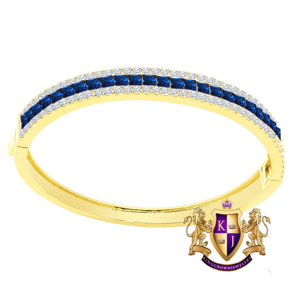 Sapphire Blue 6.75CT Princess & Round Cut Diamond Real Genuine Sterling Silver Luxury Bangle Bracelet 14K Yellow Gold Over