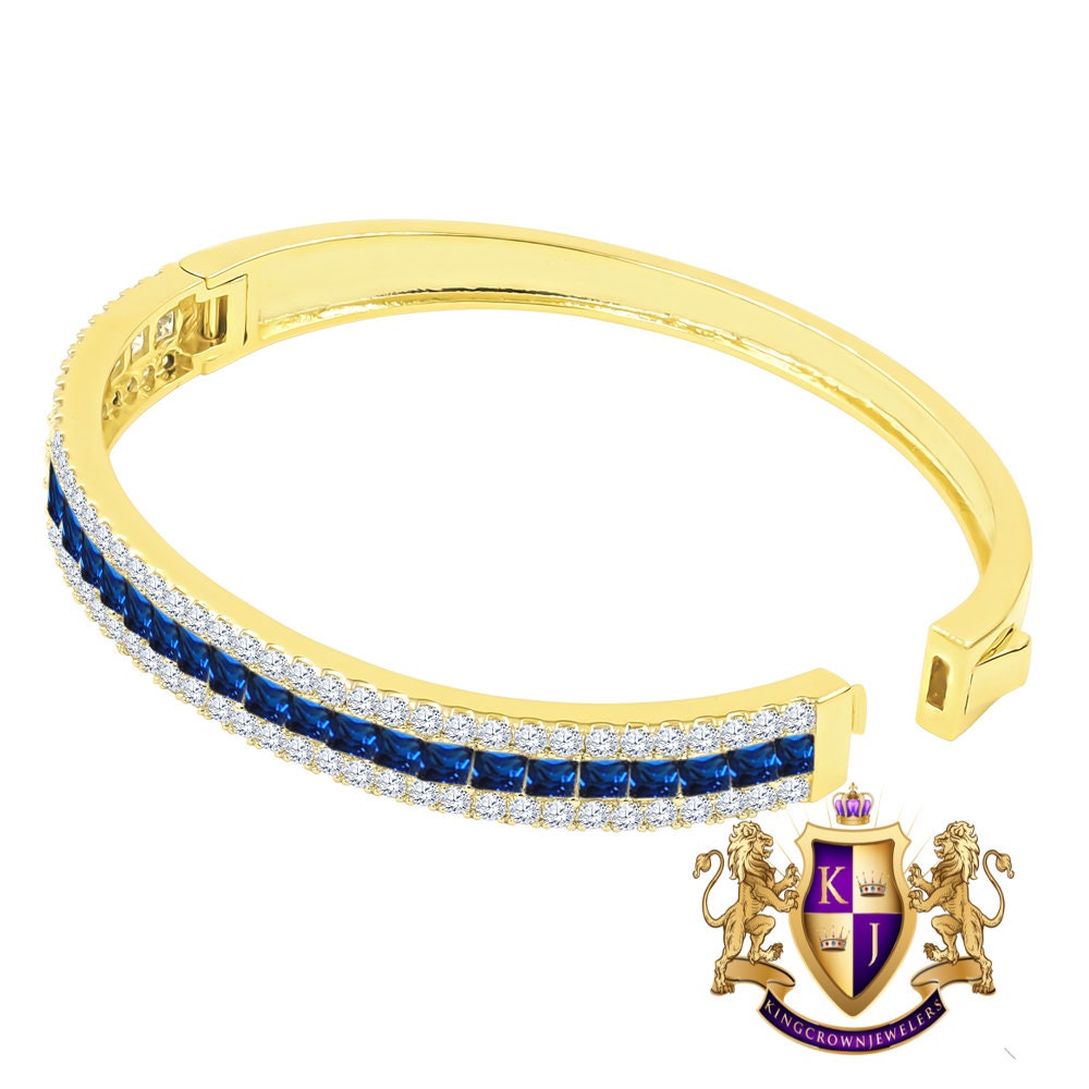 Sapphire Blue 6.75CT Princess & Round Cut Diamond Real Genuine Sterling Silver Luxury Bangle Bracelet 14K Yellow Gold Over