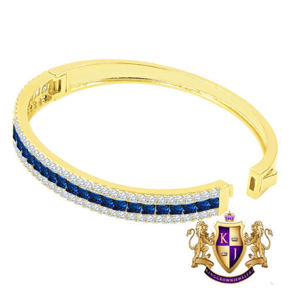 Sapphire Blue 6.75CT Princess & Round Cut Diamond Real Genuine Sterling Silver Luxury Bangle Bracelet 14K Yellow Gold Over