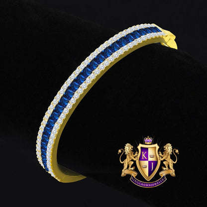 Sapphire Blue 6.75CT Princess & Round Cut Diamond Real Genuine Sterling Silver Luxury Bangle Bracelet 14K Yellow Gold Over