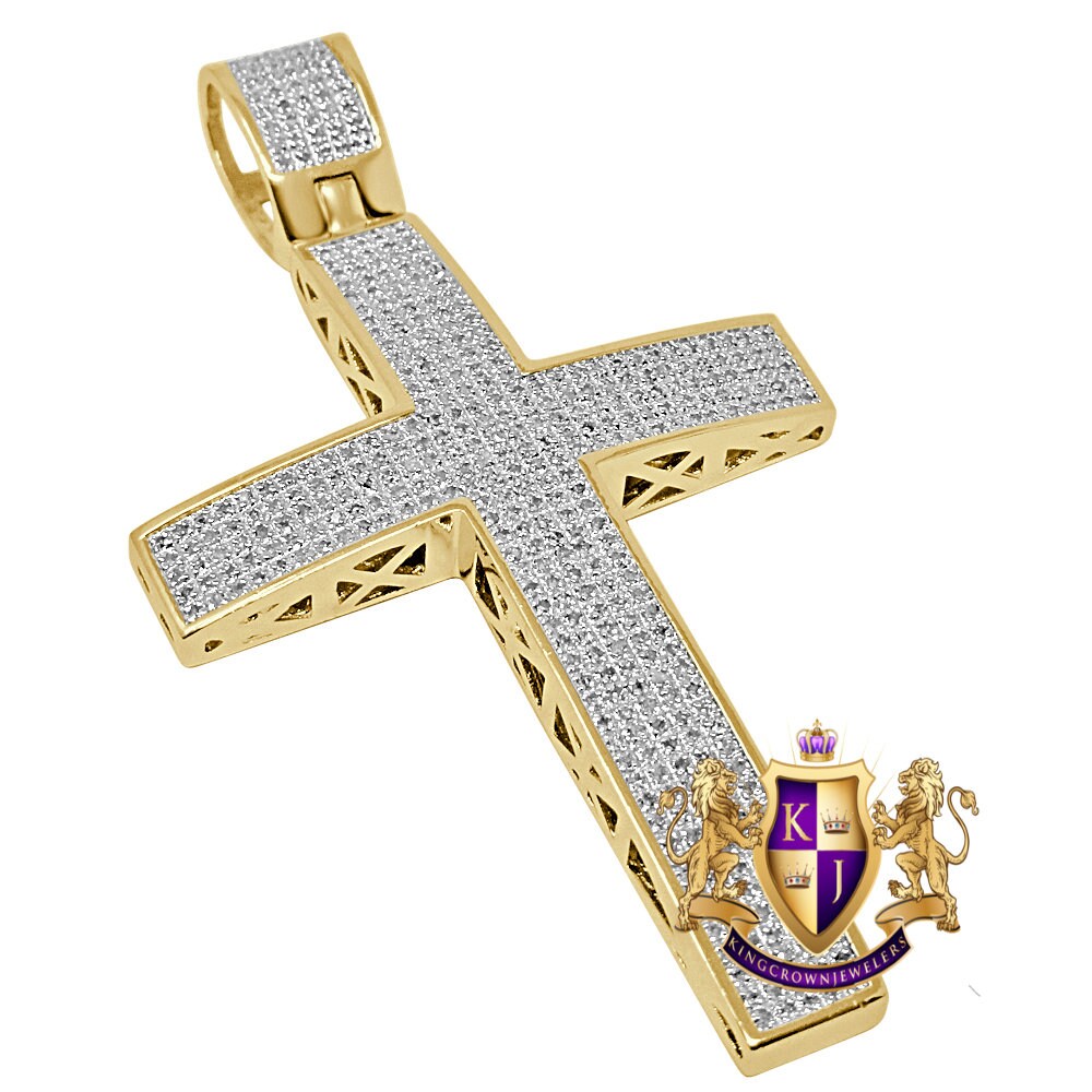 Big XL 3'' Real Genuine Diamond 1.50 Cwt. Jesus Cross Pendent 10K Gold Over Charm Unisex