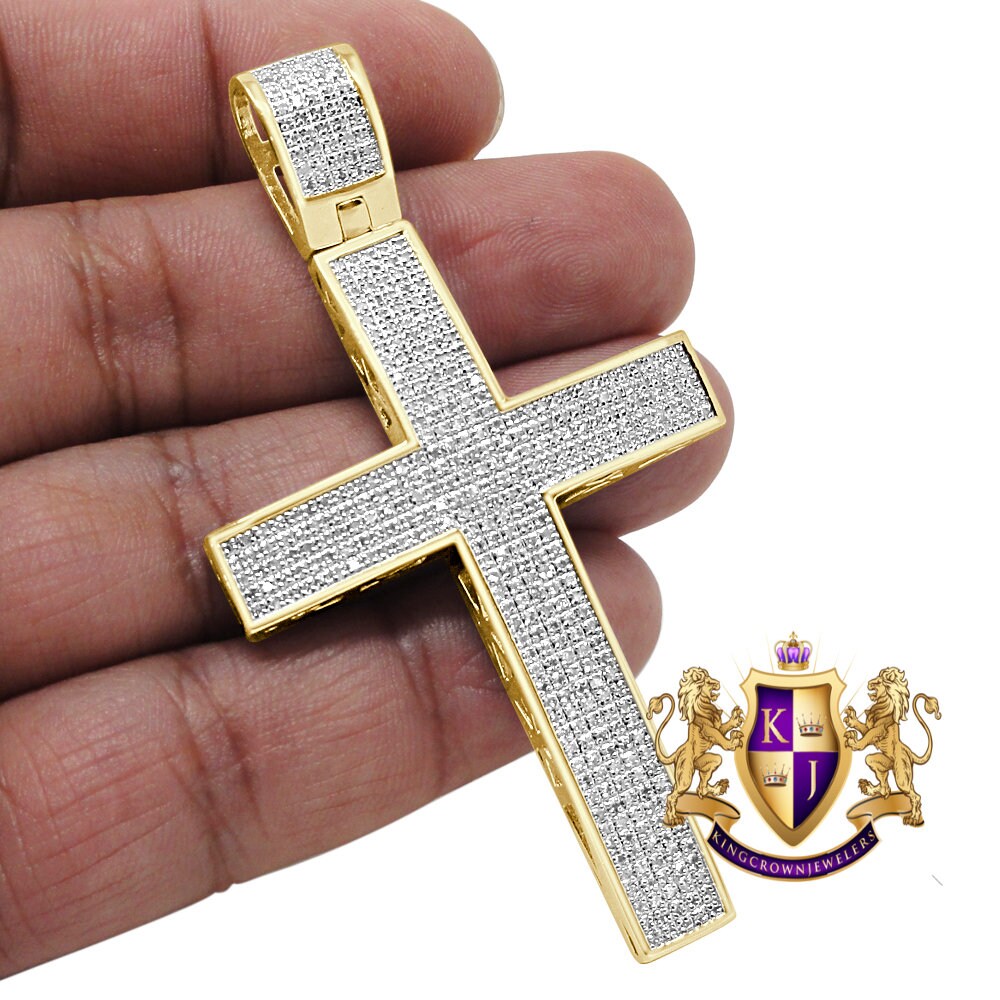 Big XL 3'' Real Genuine Diamond 1.50 Cwt. Jesus Cross Pendent 10K Gold Over Charm Unisex