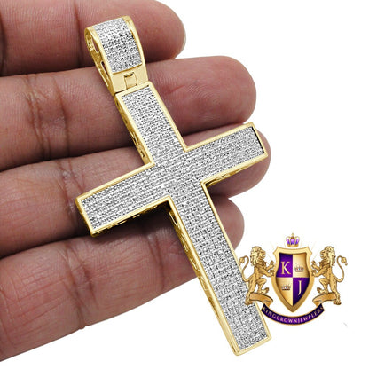Big XL 3'' Real Genuine Diamond 1.50 Cwt. Jesus Cross Pendent 10K Gold Over Charm Unisex