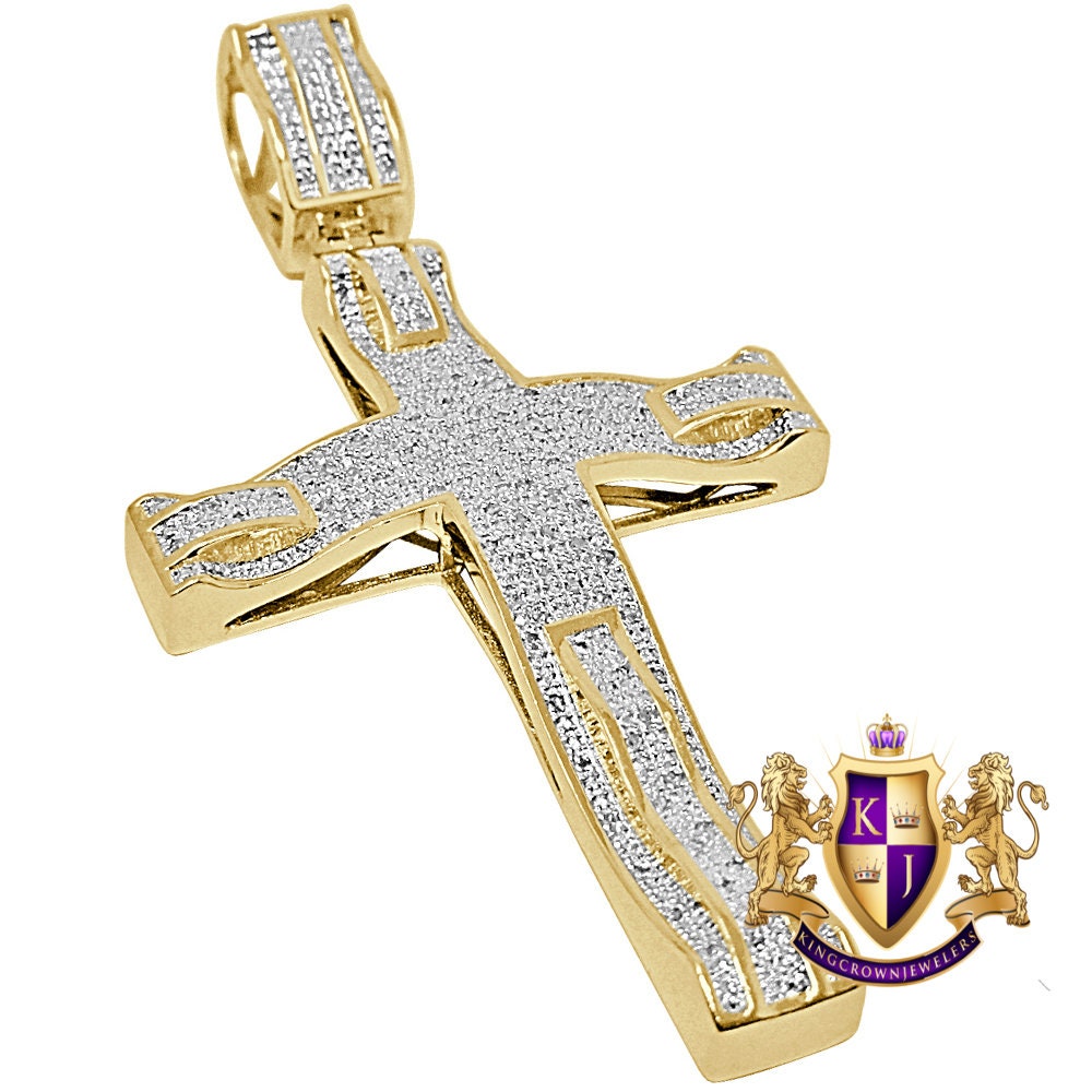 Men's Real Genuine Authentic Natural Diamond 0.50 Cwt. Jesus Christ Holy Cross Pendant 10K Gold Over Religious Charm 2.85''