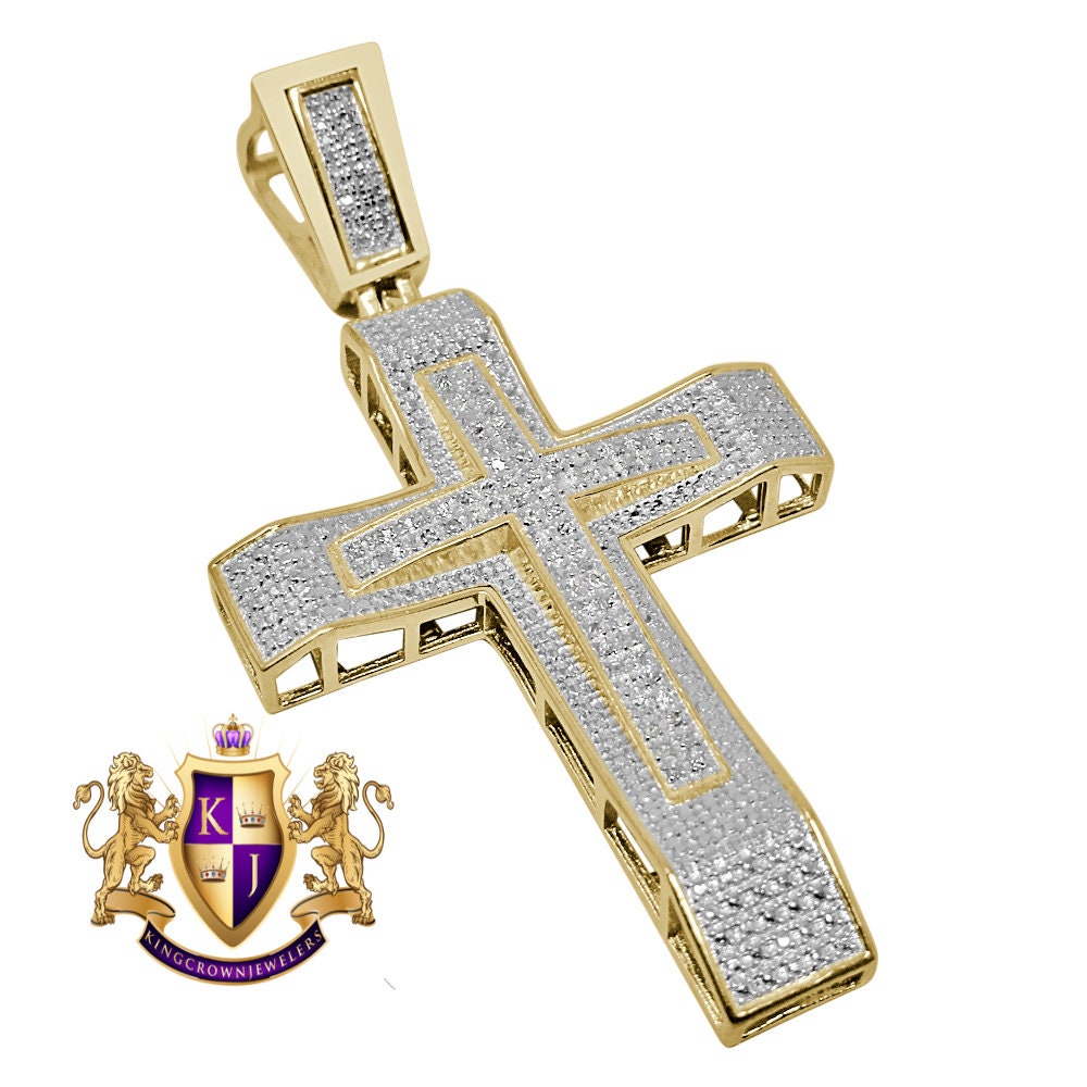 Big 2.75'' Men's Real Genuine Authentic Diamond 0.45 Cwt. Jesus Holy Cross Pendant 10K Gold Finish Religious Charm
