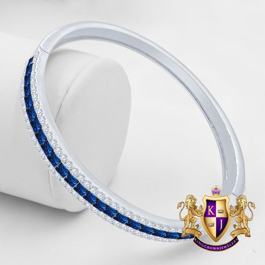 18+ Grams Real Genuine Italian Sterling Silver Sapphire Blue 6.75 Cwt. Princess & Round Cut Simulated Diamond 14K White On Bangle Bracelet