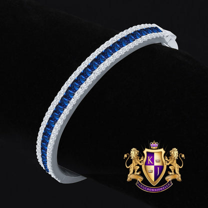 18+ Grams Real Genuine Italian Sterling Silver Sapphire Blue 6.75 Cwt. Princess & Round Cut Simulated Diamond 14K White On Bangle Bracelet