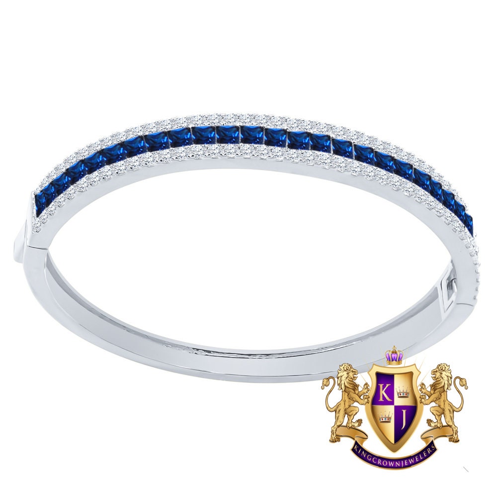 18+ Grams Real Genuine Italian Sterling Silver Sapphire Blue 6.75 Cwt. Princess & Round Cut Simulated Diamond 14K White On Bangle Bracelet