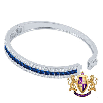18+ Grams Real Genuine Italian Sterling Silver Sapphire Blue 6.75 Cwt. Princess & Round Cut Simulated Diamond 14K White On Bangle Bracelet