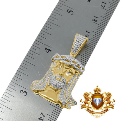 Real Genuine Authentic Diamonds Holy Jesus Face Piece Pendant 10K Gold Finish Mini Charm Chain Set