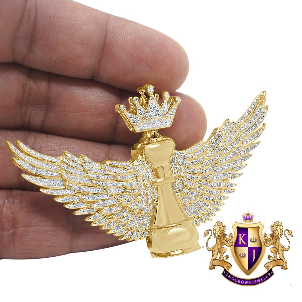 100% Real Genuine Diamond Men's King Chess Piece Pawn Crown Wings Pendent Charm 10K Yellow Gold Finish