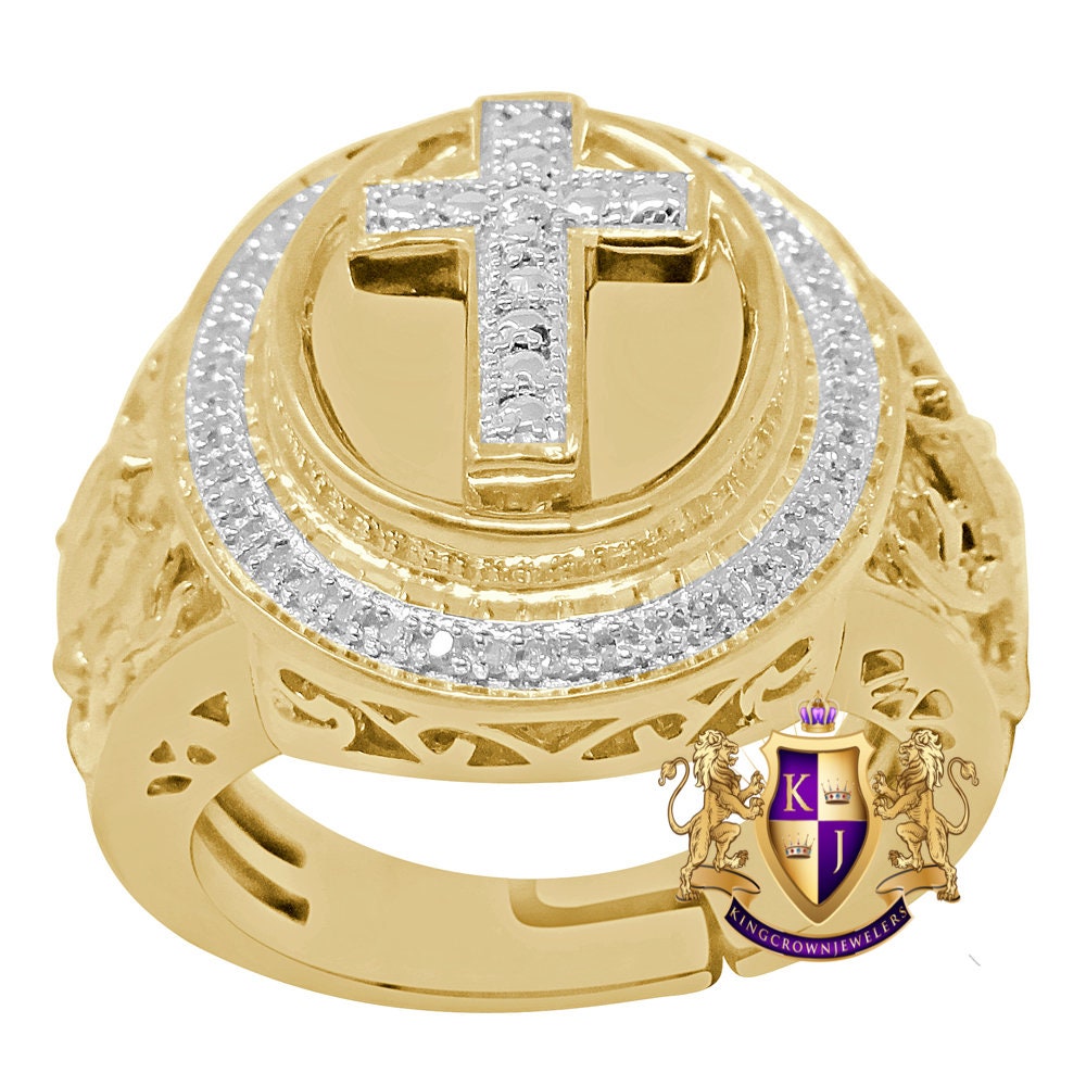 Real Genuine Diamond Holy Jesus Cross 10K Gold Finish Men's Religious Ring Band
