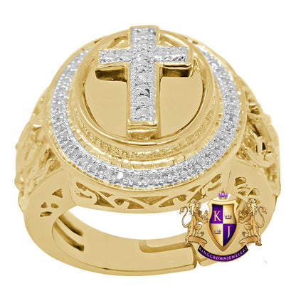 Real Genuine Diamond Holy Jesus Cross 10K Gold Finish Men's Religious Ring Band