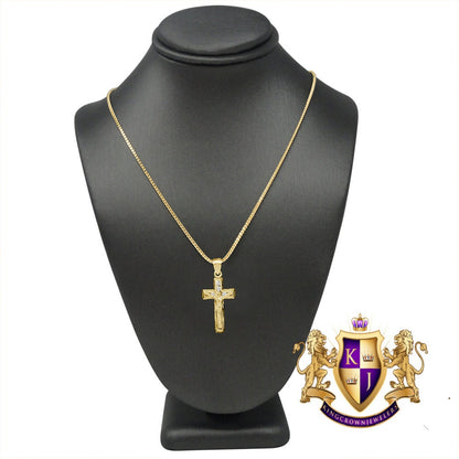 10K Real Yellow Gold Jesus Crucifix Cross Religious Mini Pendent Charm 1.15'' + Free Chain