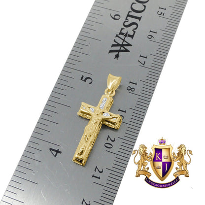 10K Real Yellow Gold Jesus Crucifix Cross Religious Mini Pendent Charm 1.15'' + Free Chain