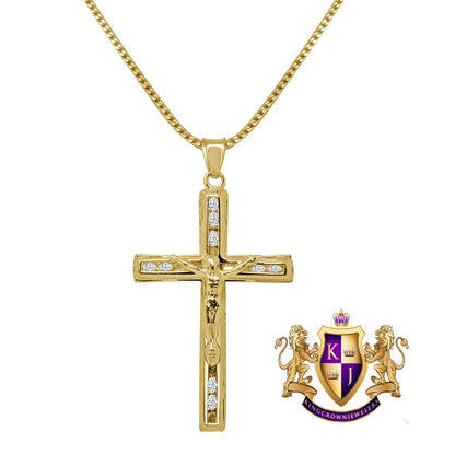 10K Real Solid Yellow Gold Jesus Crucifix Cross Religious Pendent Charm 1.60'' + Free Chain