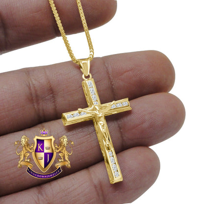 10K Real Solid Yellow Gold Jesus Crucifix Cross Religious Pendent Charm 1.60'' + Free Chain