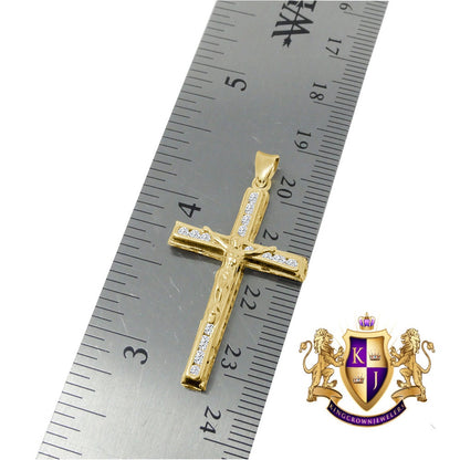 10K Real Solid Yellow Gold Jesus Crucifix Cross Religious Pendent Charm 1.60'' + Free Chain