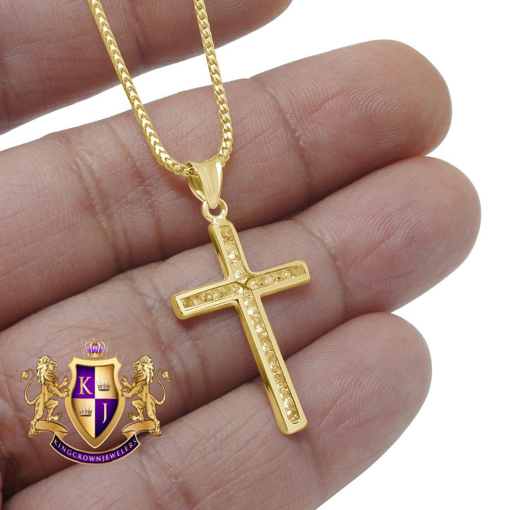 10K Real Solid Yellow Gold Holy Jesus Cross Mini Pendent Charm 1.30'' Unisex + Free Chain