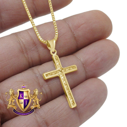 10K Real Solid Yellow Gold Holy Jesus Cross Mini Pendent Charm 1.30'' Unisex + Free Chain