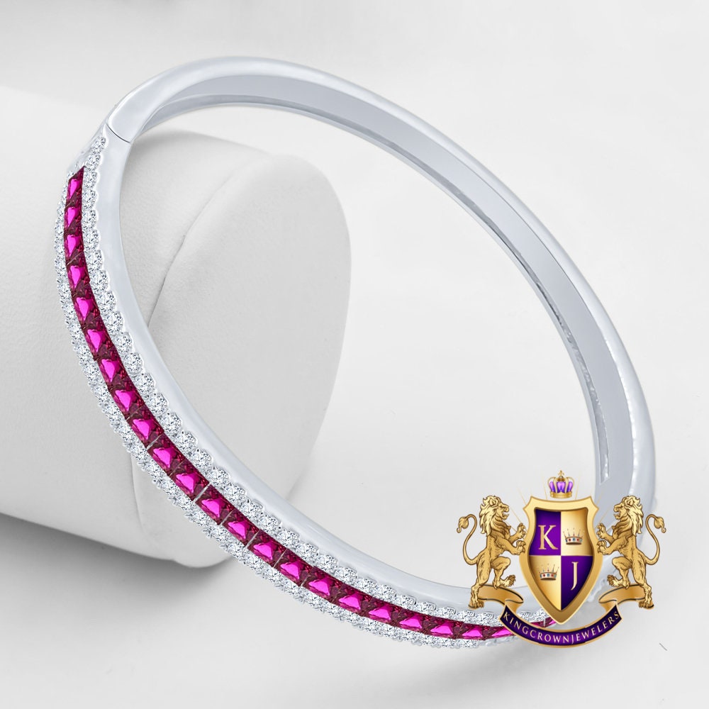 6.75CT Fire Pink Princess & Round Cut Diamond Real Genuine Sterling Silver Luxury Bangle Bracelet 14K White Gold Over