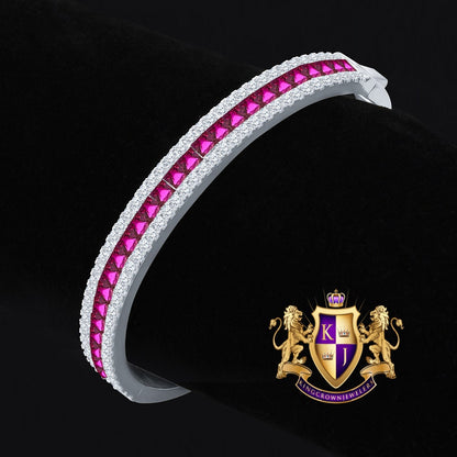 6.75CT Fire Pink Princess & Round Cut Diamond Real Genuine Sterling Silver Luxury Bangle Bracelet 14K White Gold Over