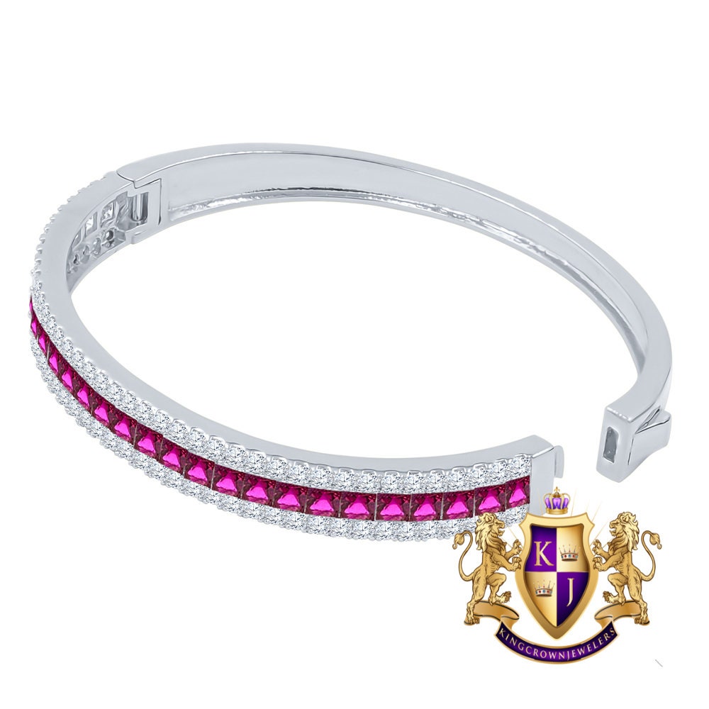 6.75CT Fire Pink Princess & Round Cut Diamond Real Genuine Sterling Silver Luxury Bangle Bracelet 14K White Gold Over