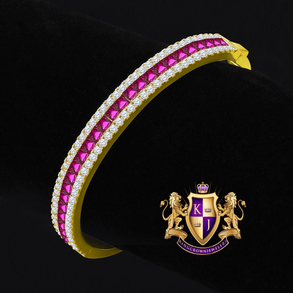 6.75CT Fire Pink Princess & Round Cut Diamond Real Genuine Sterling Silver Luxury Bangle Bracelet 14K Yellow Gold Over