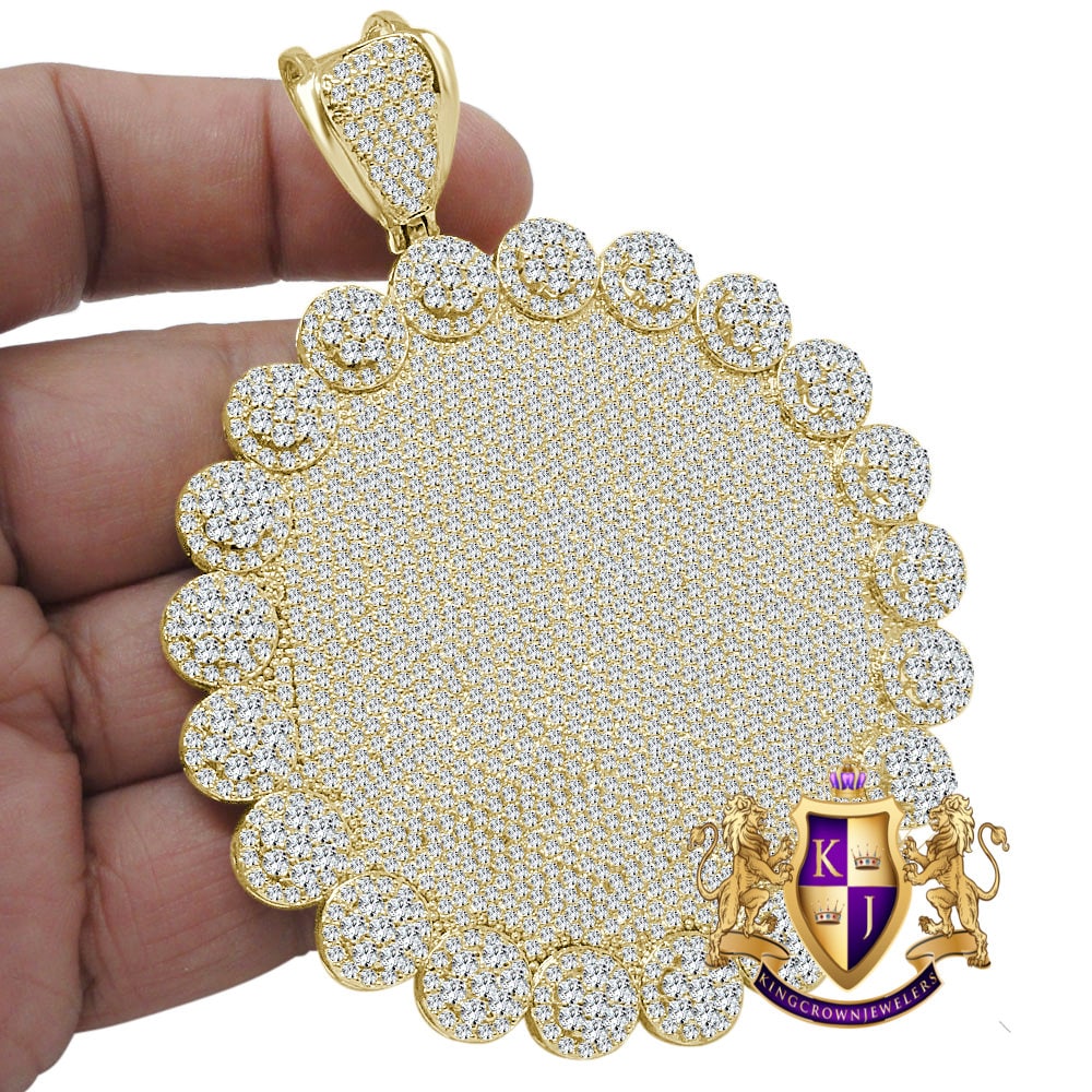 65 + Grams Real Yellow Gold Sterling Silver Big XL 3.75'' Round Flower Medallion Simulated Diamond Pendent Charm