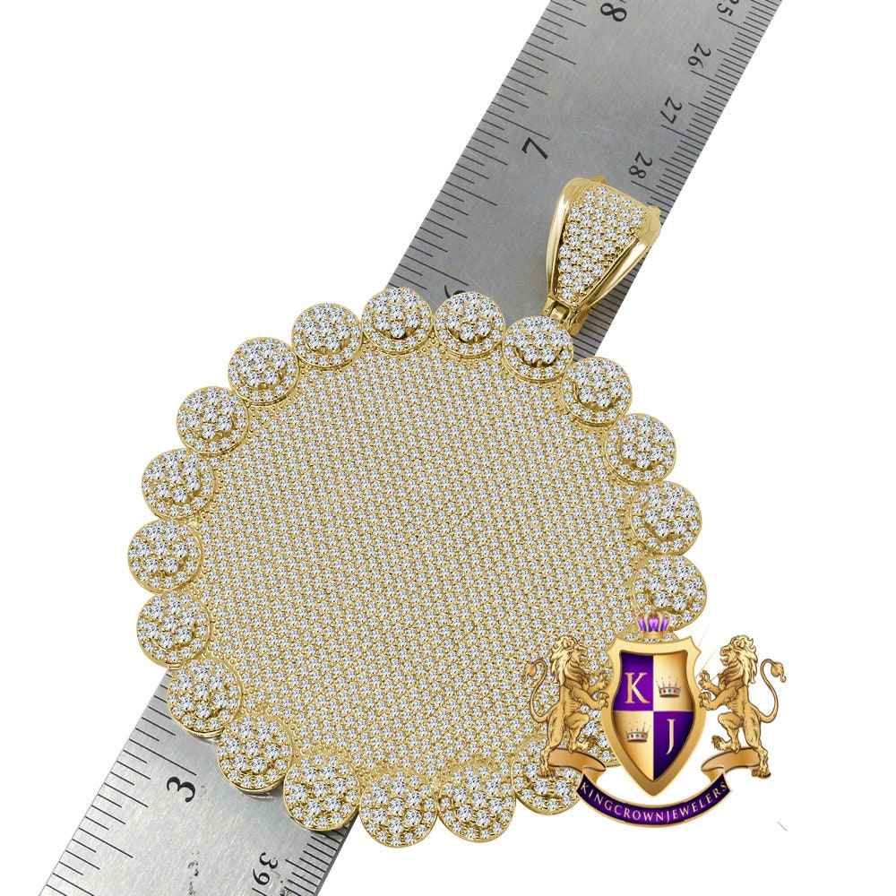 65 + Grams Real Yellow Gold Sterling Silver Big XL 3.75'' Round Flower Medallion Simulated Diamond Pendent Charm