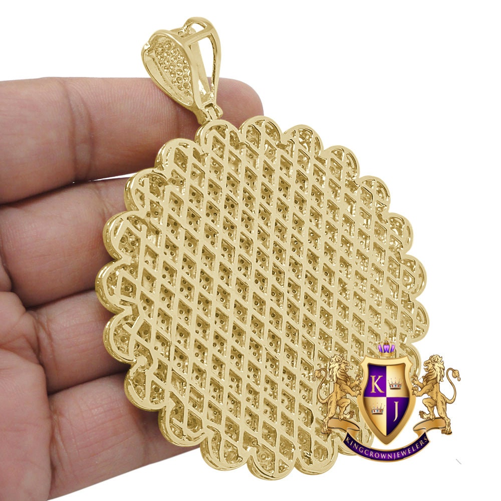 65 + Grams Real Yellow Gold Sterling Silver Big XL 3.75'' Round Flower Medallion Simulated Diamond Pendent Charm